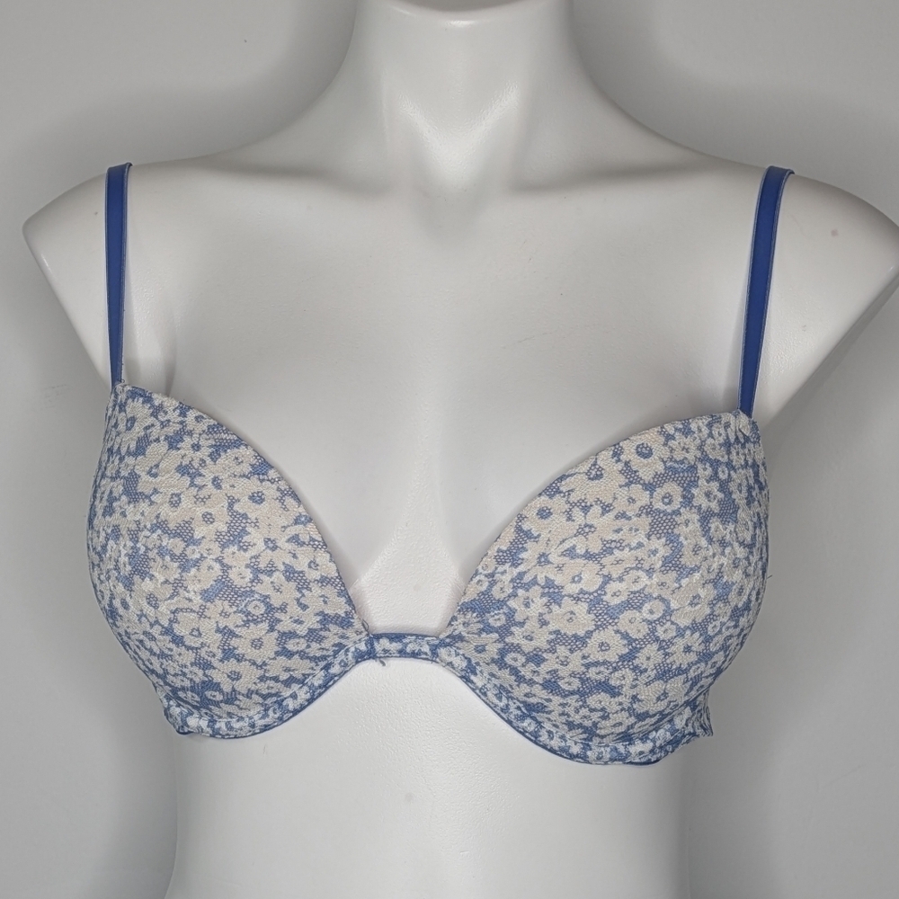 Pink Victoria's Secret Blue White Floral Mesh Wear Everywhere Super Push Up Bra